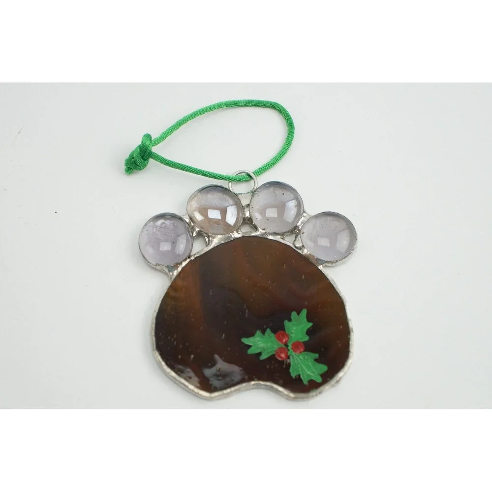 Handmade Paw Print Ornament Brown Stained Glass Holly Christmas Excellent